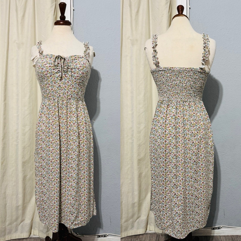 AUW L Green Floral Smocked Tie-Front Ruffle Strap Slit Midi Dress Padded‎ Bra